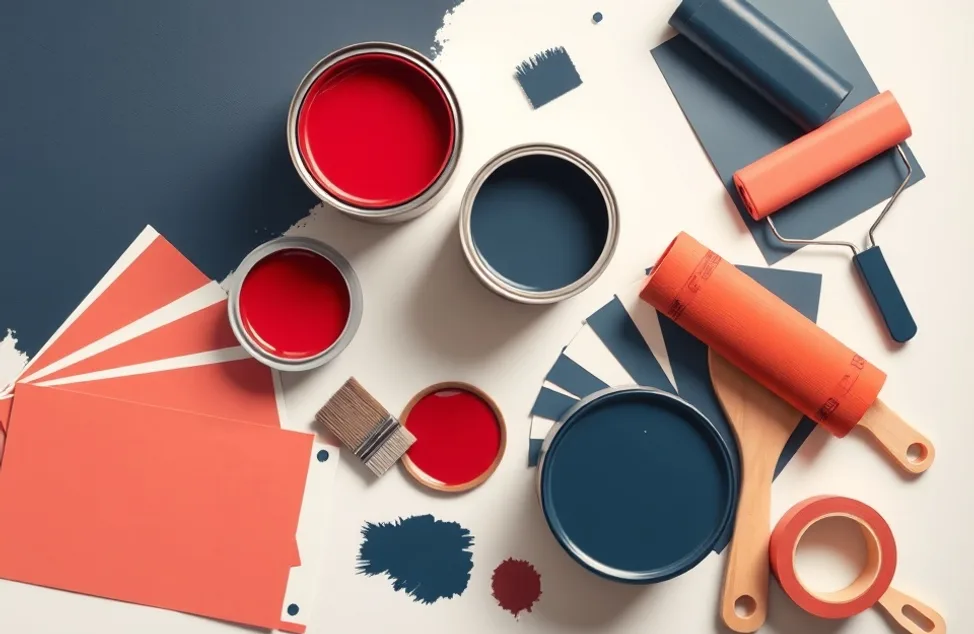 Pots de peinture, nuancier, brosses et rouleaux disposés à plat
