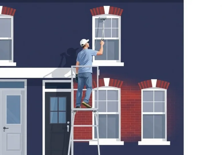 Peintre sur échafaudage traitant la façade d'une maison